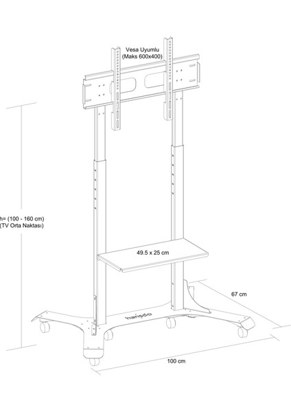 Tv Standı - Tekerli Tv Askısı - Hareketli Tv Standı - 32" - 65" Tv Ile Uyumlu - Metal - Siyah - Stvs1