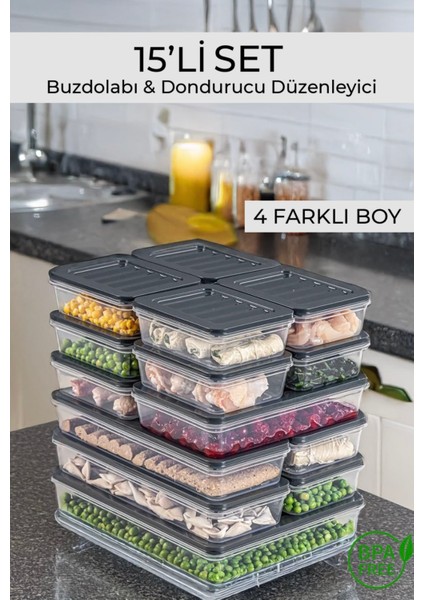 15’li Saklama Kabı Seti, Mikrodalga Uyumlu Erzak Saklama Kabı Antrasit 1x 2400ML 2X1200ML 4X1170ML 8X600ML