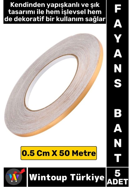 Uzun Ömürlü Kendinden Yapışkanlı Karo Zemin Fayans Derz 0.5 cm x 50 Metre Gold Şerit Bant 5 Adet