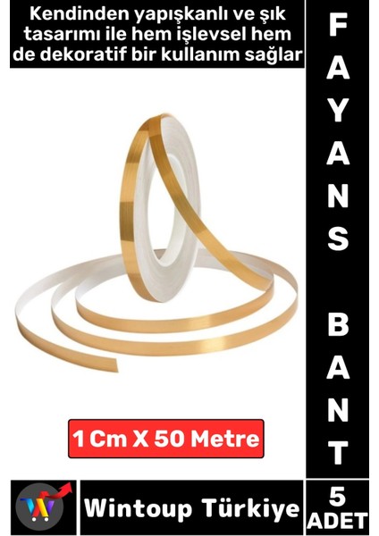 Uzun Ömürlü Kendinden Yapışkanlı Karo Zemin Fayans Derz 1 cm x 50 Metre Gold Şerit Bant 5 Adet