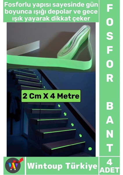 Karanlıkta Parlayan Acil Durum Çıkış Merdiven Kenar Esnek Güçlü Yapışkan Fosfor Bant 2 cmx4 Mtr 4 Ad
