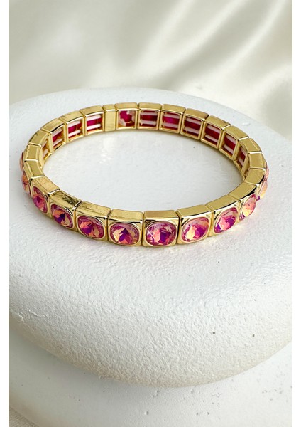 Altın Rengi Özel Seri Yuvarlak Taş Sıralı Lastik Bileklik