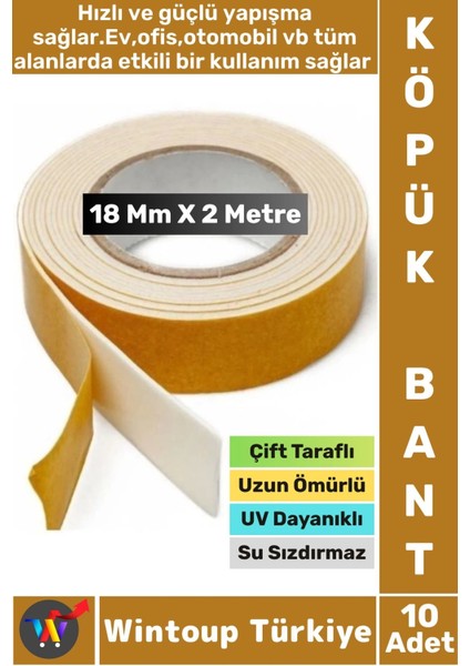 Iç Mekan Süper Güçlü Yapışkan Duvar Ahşap Çok Yönlü Çift Taraflı Köpük Bant 18 mm x 2 Metre 10 Adet