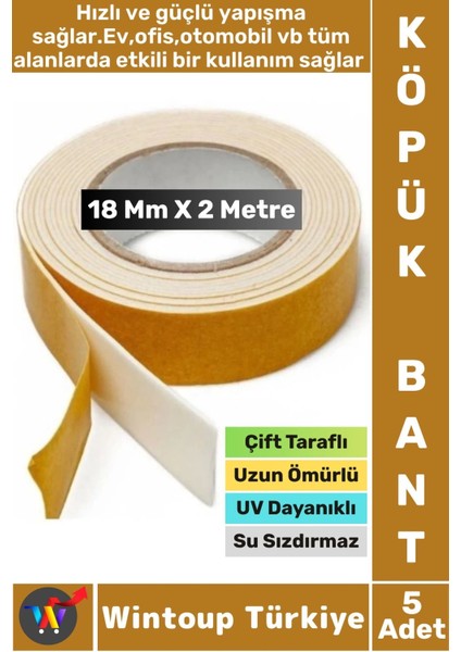 Iç Mekan Süper Güçlü Yapışkan Duvar Ahşap Çok Yönlü Çift Taraflı Köpük Bant 18 mm x 2 Metre 5 Adet