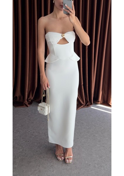 Göğüs Gold Detaylı Beyaz Elbise modelleri