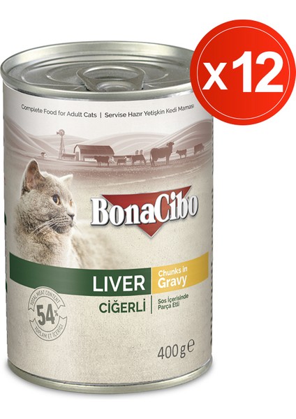 Soslu Ciğerli Yaş Kedi Maması, 400 gr x 12 Adet, Tüm Irklar Için, Doğal, Şeker Içermez