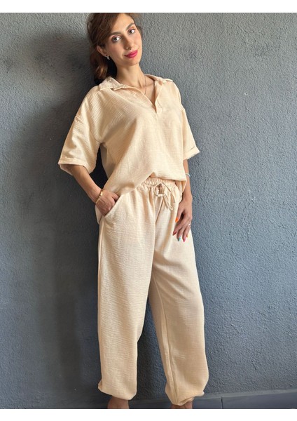Muslin Kumaş Lastikli Paça Alt Üst Kadın Takım
