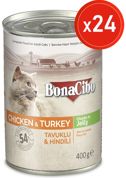 Jöleli Tavuk ve Hindili Yaş Kedi Maması, 400 gr x 24 Adet, Tüm Irklar Için, Doğal, Şeker Içermez