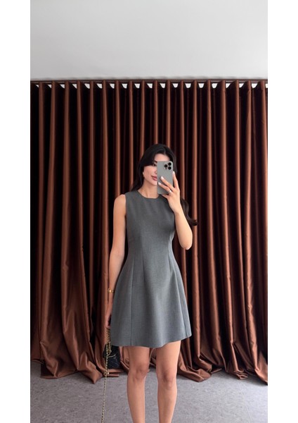 Sıfır Yaka Antrasit Balon Elbise