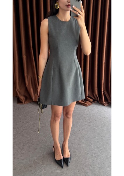 Sıfır Yaka Antrasit Balon Elbise modelleri