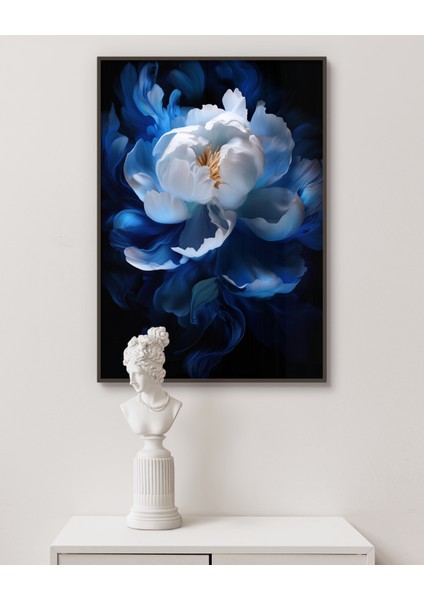 Metal Çerçeveli Gerçek Camlı Tablo, Dijital Baskı, Soyut Tablo, Mavi Şakayık , Salon Ofis Dekorasyon