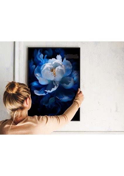 Metal Çerçeveli Gerçek Camlı Tablo, Dijital Baskı, Soyut Tablo, Mavi Şakayık , Salon Ofis Dekorasyon fırsatları