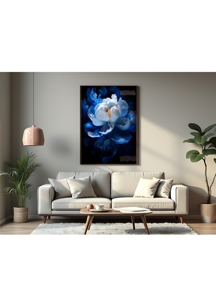 Metal Çerçeveli Gerçek Camlı Tablo, Dijital Baskı, Soyut Tablo, Mavi Şakayık , Salon Ofis Dekorasyon