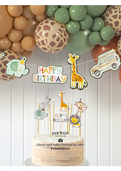 3 Parça Happy Birthday Safari Tema Pasta Süsü Banner ve 6 Adet Gold Mum Doğum Günü Süsleme Parti Seti fiyatları