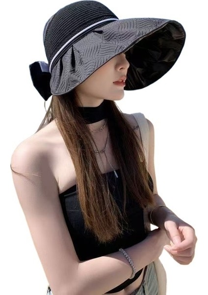 Yaz Seersucker Siyah Tutkal Büyük Siperlik Boş Silindir Şapka Kadın Açık Hava Ekleme Yüz Örtüsü Güneş Şapkası Anti-Ultraviyole Güneş Şapkası (Yurt Dışından) fiyatları
