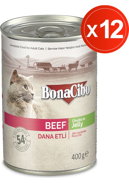 Jöleli Dana Etli Yaş Kedi Maması, 400 gr x 12 Adet, Tüm Irklar Için, Doğal, Şeker Içermez