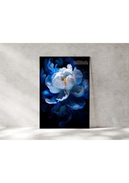 Metal Çerçeveli Gerçek Camlı Tablo, Dijital Baskı, Soyut Tablo, Mavi Şakayık , Salon Ofis Dekorasyon