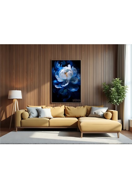 Metal Çerçeveli Gerçek Camlı Tablo, Dijital Baskı, Soyut Tablo, Mavi Şakayık , Salon Ofis Dekorasyon