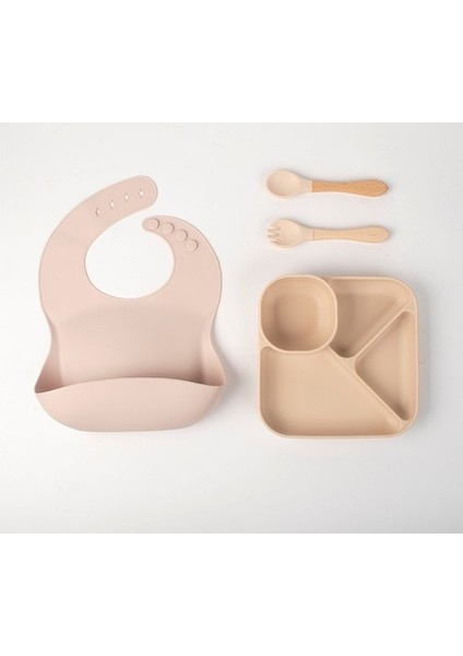 Silikon Sofra Dört Parçalı Set Tek Parça Kare Silikon Yemek Tabağı Çatal Kaşık Anne ve Çocuk Besleme Anti-Düşme Silikon (Yurt Dışından)