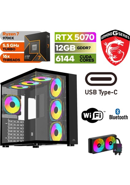 Msı-Şafak-Gaming Pc Ddr5 -Rtx 5070 12GB – Ryzen 7 9700X – 32GB -64GB Ddr5 Ram – 1 Tb M.2 SSD - Sıvı Sogutmalı - Windows 11 Pro Masaüstü Bilgisayar