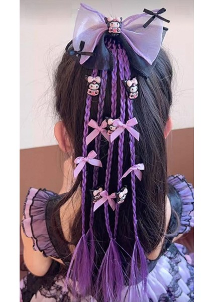 Kuromi Anime Model Siyah Lila Organize Fiyonk Detaylı Örgü Lastik Çocuk Saç Tokası