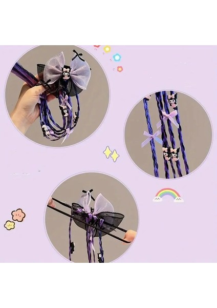 Kuromi Anime Model Siyah Lila Organize Fiyonk Detaylı Örgü Lastik Çocuk Saç Tokası modelleri