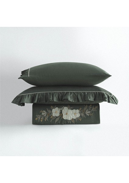 Vanya Çift Kişilik Nevresim Takımı %100 Organik Pamuk Saten Aplike Nakışlı Yeşil 200X220 cm