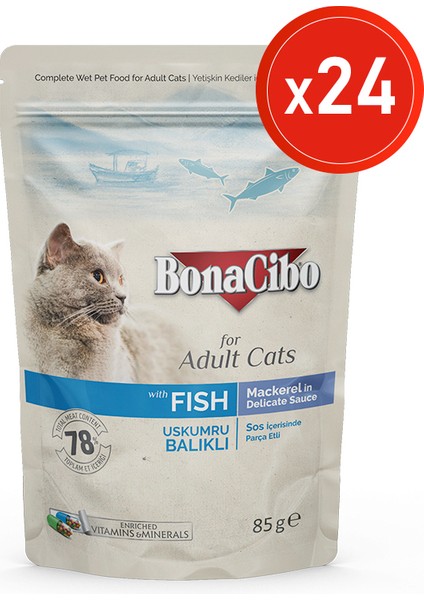 Soslu Uskumru Balıklı Pouch Yaş Kedi Maması, 85 gr x 24 Adet, Tüm Irklar Için, Doğal, Şeker Içermez