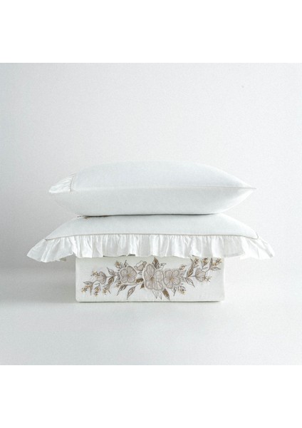 Vanya Çift Kişilik Nevresim Takımı %100 Organik Pamuk Saten Aplike Nakışlı Krem 200X220 cm