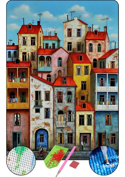 5D Elmas Boyama Seti – Evler | 40x50 cm - Tuvale Gerili Diamond Painting Sayılarla Boyama Mozaik Tablo