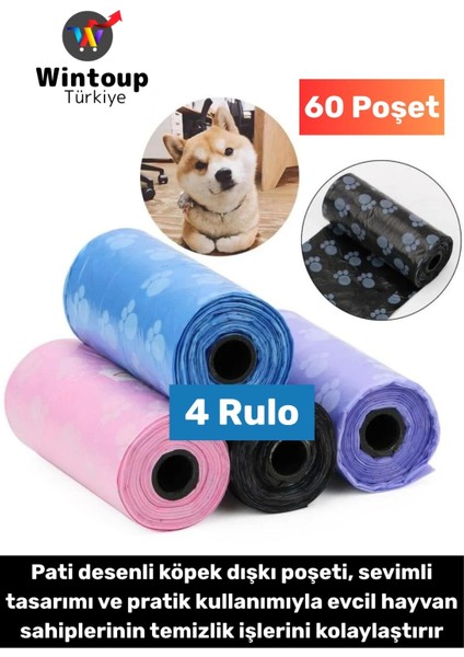 Evcil Hayvan Gezdirme Tuvalet Eğitim Hijyenik Sevimli Pati Desenli Köpek Kaka Poşeti 4 Rulo 60 Poşet
