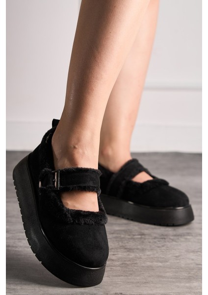 Günlük Kadın Babet Süet Kalın Tırtıklı Taban Kemer Detaylı Oval Burunlu Ayarlanabilir Tokalı 500H