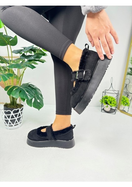 Günlük Kadın Babet Süet Kalın Tırtıklı Taban Kemer Detaylı Oval Burunlu Ayarlanabilir Tokalı 500H indirimleri