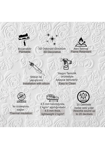 3D Duvar Paneli Boyanabilir Dekota 60X120 cm / Güllü Desenli 7'li Paket-5 M² fiyatları