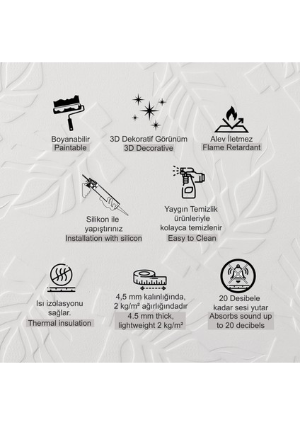 3D Duvar Paneli Boyanabilir Dekota 60X120 cm / Yaprak Desenli 2'li Paket-1,44 M² fiyatları