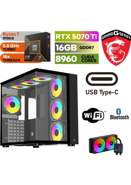 Msı-Şafak-Gaming Pc Ddr5 -Rtx 5070Tİ 16GB – Ryzen 7 9700X – 32GB -64GB Ddr5 Ram – 1 Tb M.2 SSD - Sıvı Sogutmalı - Windows 11 Pro Masaüstü Bilgisayar