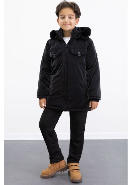 Siyah Çıtçıtlı Göğüs Cepli Içi Kürklü Erkek Çocuk Kapüşonlu Mont 21349