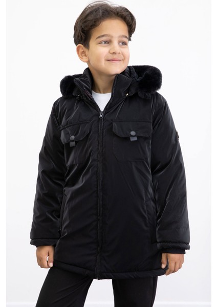 Siyah Çıtçıtlı Göğüs Cepli Içi Kürklü Erkek Çocuk Kapüşonlu Mont 21349 fiyatları