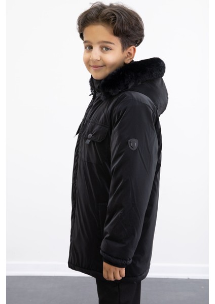 Siyah Çıtçıtlı Göğüs Cepli Içi Kürklü Erkek Çocuk Kapüşonlu Mont 21349 fırsatları