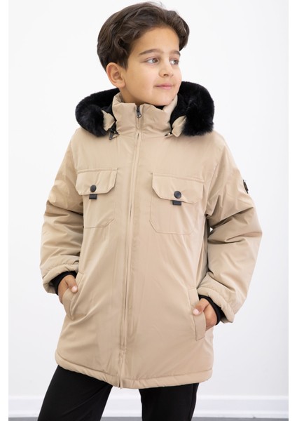 Bej Çıtçıtlı Göğüs Cepli Içi Kürklü Erkek Çocuk Kapüşonlu MONT21352