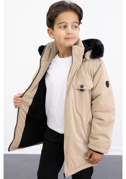 Bej Çıtçıtlı Göğüs Cepli Içi Kürklü Erkek Çocuk Kapüşonlu MONT21352 fiyatları