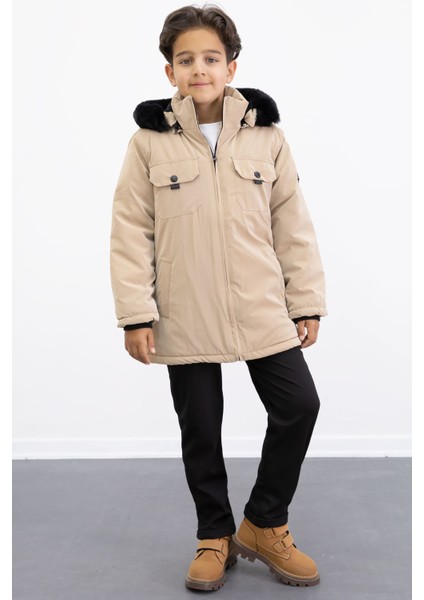 Bej Çıtçıtlı Göğüs Cepli Içi Kürklü Erkek Çocuk Kapüşonlu MONT21352 modelleri
