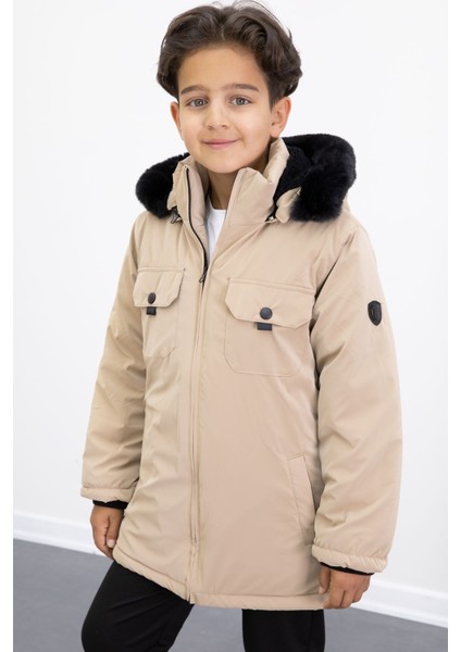 Bej Çıtçıtlı Göğüs Cepli Içi Kürklü Erkek Çocuk Kapüşonlu MONT21352 fırsatları