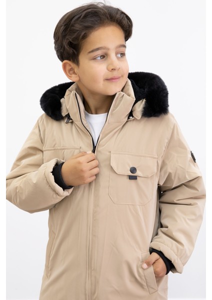 Bej Çıtçıtlı Göğüs Cepli Içi Kürklü Erkek Çocuk Kapüşonlu MONT21352 indirimleri