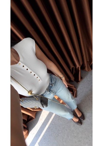 Gold Düğmeli T Kol Basic Beyaz Triko modelleri