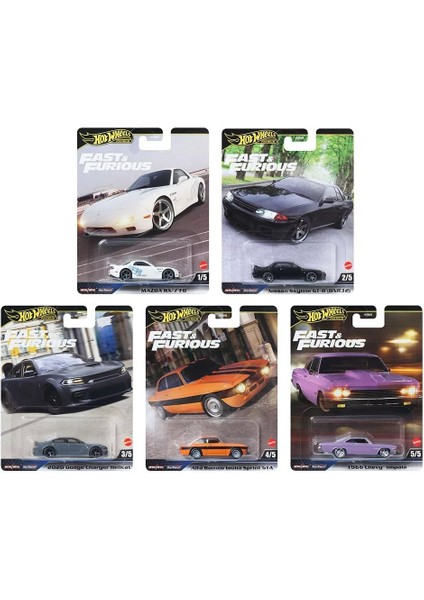Premium Fast & Furious 5’li Diecast Araba Seti – Rx-7, Skyline Gt-R, Charger, Giulia, Impala