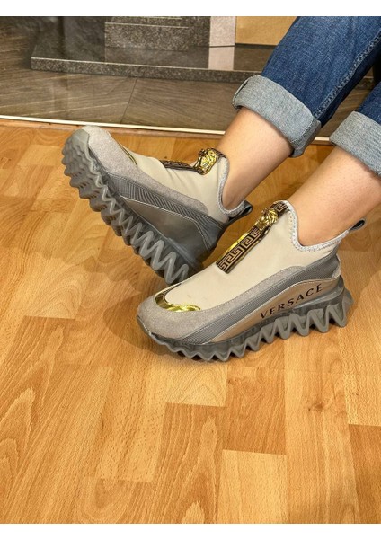 Ayakkabı Kadın Spor Ayakkabı Altın Detaylar Suni Deri Yüksek Kalite Kalın Topuk Rahat ve Günlük