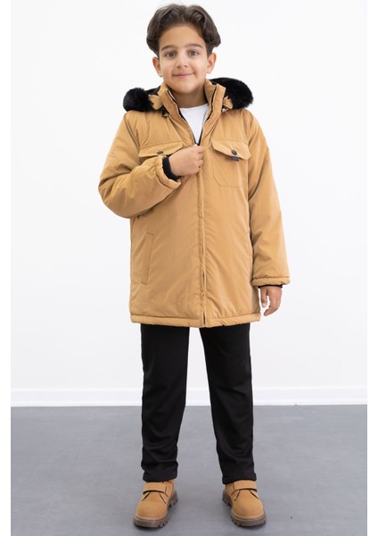 Hardal Çıtçıtlı Göğüs Cepli Içi Kürklü Erkek Çocuk Kapüşonlu Mont 21351