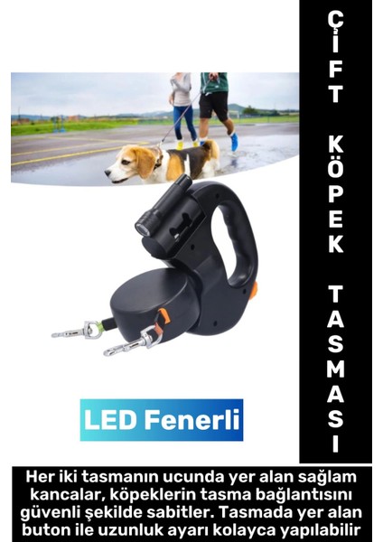 Dayanıklı Ayarlanabilir Uzunluk 360 Derece Dönen Çok Fonksiyonlu Fenerli Çift Köpek Gezdirme Tasması