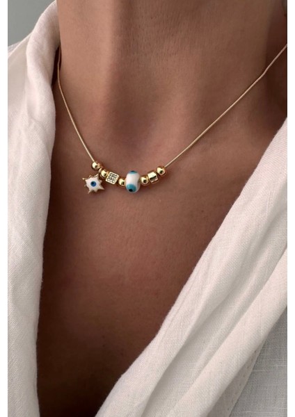 Çelik Yıldız Figürlü Mavi Nazar Kolye